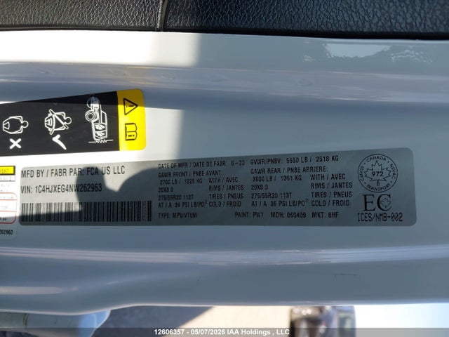 2022 Jeep Wrangler Unlimited High Altitude მანქანა იყიდება აუქციონზე, vin: 1C4HJXEG4NW262963, აუქციონის ნომერი: 12606357