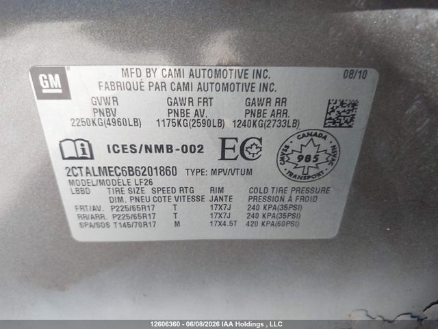 12606360 :رقم المزاد ، 2CTALMEC6B6201860 vin ، 2011 Gmc Terrain مزاد بيع