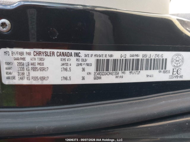2012 Dodge Grand Caravan მანქანა იყიდება აუქციონზე, vin: 2C4RDGDG4CR421550, აუქციონის ნომერი: 12606373