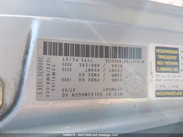 12606376 :رقم المزاد ، WVWAR71K87W054155 vin ، 2007 Volkswagen Rabbit مزاد بيع