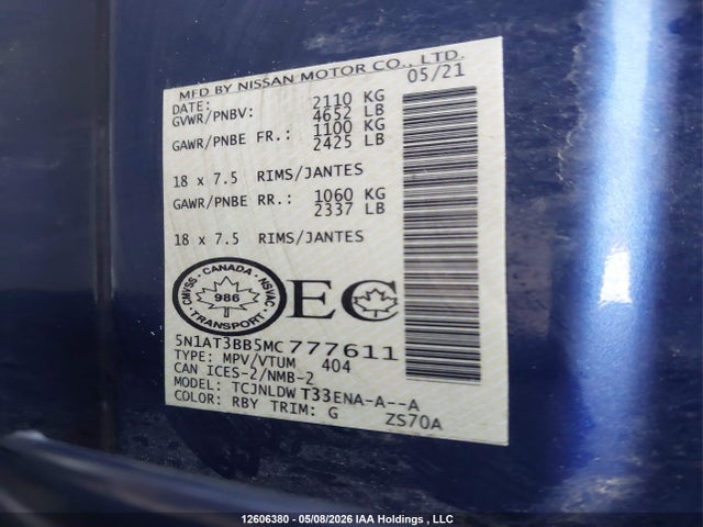Продажа на аукционе авто 2021 Nissan Rogue Sv, vin: 5N1AT3BB5MC777611, номер лота: 12606380