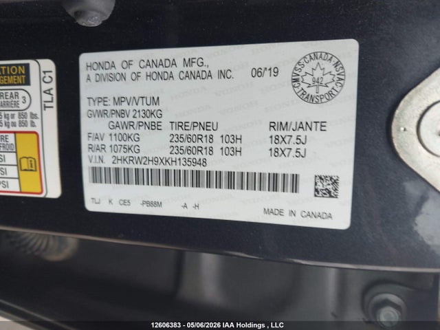 Продаж на аукціоні авто 2019 Honda Cr-v Touring, vin: 2HKRW2H9XKH135948, номер лоту: 12606383