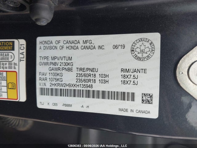 Продаж на аукціоні авто 2019 Honda Cr-v Touring, vin: 2HKRW2H9XKH135948, номер лоту: 12606383