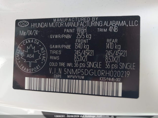 2024 Hyundai Santa Fe მანქანა იყიდება აუქციონზე, vin: 5NMP5DGL0RH020219, აუქციონის ნომერი: 12606391
