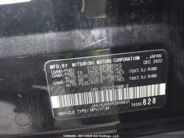 2023 Mitsubishi Outlander Le/le Premium/noir/se/sel მანქანა იყიდება აუქციონზე, vin: JA4J4UA8XPZ608631, აუქციონის ნომერი: 12606400