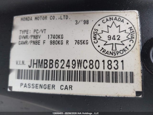 1998 Honda Prelude მანქანა იყიდება აუქციონზე, vin: JHMBB6249WC801831, აუქციონის ნომერი: 12606403