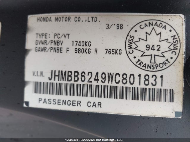 1998 Honda Prelude მანქანა იყიდება აუქციონზე, vin: JHMBB6249WC801831, აუქციონის ნომერი: 12606403