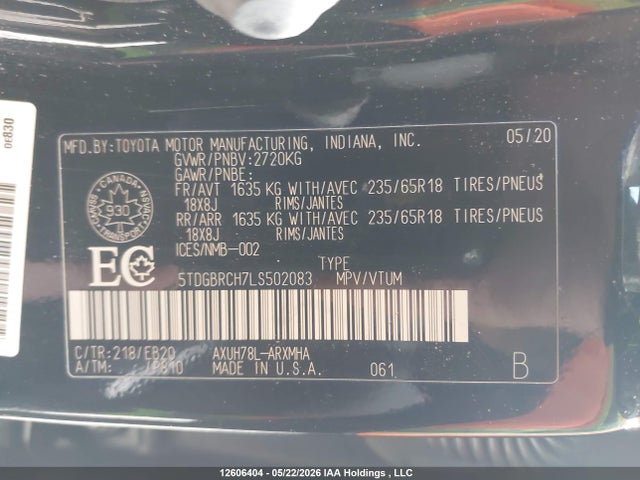 Aukcja sprzedaży 2020 Toyota Highlander Hybrid Xle, vin: 5TDGBRCH7LS502083, numer aukcji: 12606404