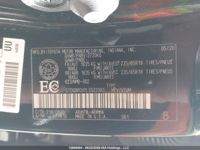 Aukcja sprzedaży 2020 Toyota Highlander Hybrid Xle, vin: 5TDGBRCH7LS502083, numer aukcji: 12606404