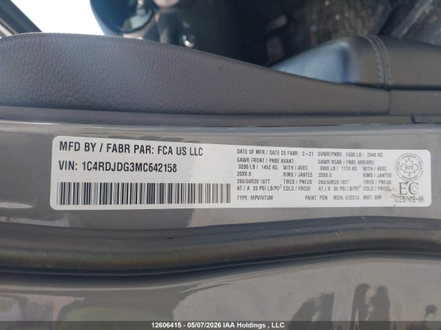 Aukcja sprzedaży 2021 Dodge Durango Gt, vin: 1C4RDJDG3MC642158, numer aukcji: 12606415