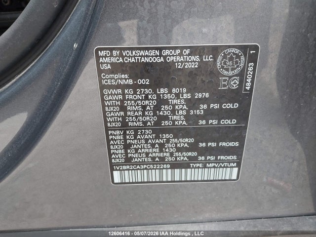 2023 Volkswagen Atlas 3.6 Fsi Highline მანქანა იყიდება აუქციონზე, vin: 1V2BR2CA3PC522269, აუქციონის ნომერი: 12606416