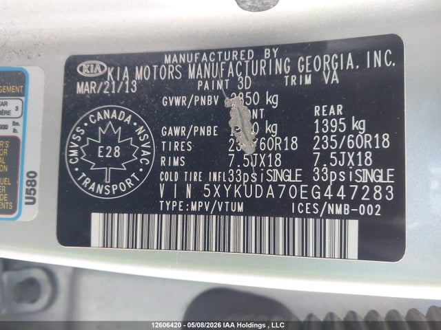2014 Kia Sorento Ex მანქანა იყიდება აუქციონზე, vin: 5XYKUDA70EG447283, აუქციონის ნომერი: 12606420