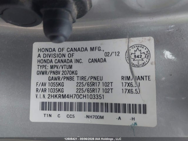 Aukcja sprzedaży 2012 Honda Cr-v Exl, vin: 2HKRM4H70CH103351, numer aukcji: 12606421