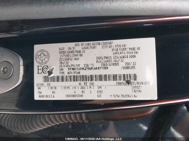 1FMCU0KZ5MUA87109 Ford Escape