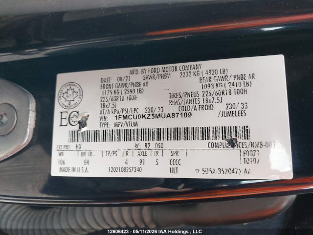 1FMCU0KZ5MUA87109 Ford Escape