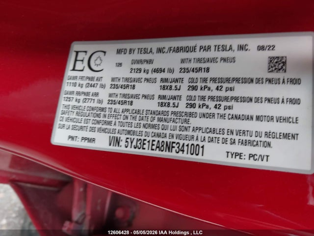 12606428 :رقم المزاد ، 5YJ3E1EA8NF341001 vin ، 2022 Tesla Model 3 Rwd/standard Range مزاد بيع