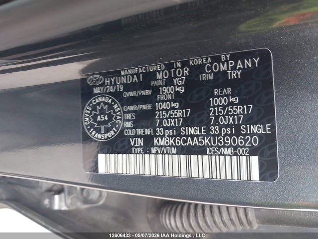 2019 Hyundai Kona 2.0l Luxury მანქანა იყიდება აუქციონზე, vin: KM8K6CAA5KU390620, აუქციონის ნომერი: 12606433