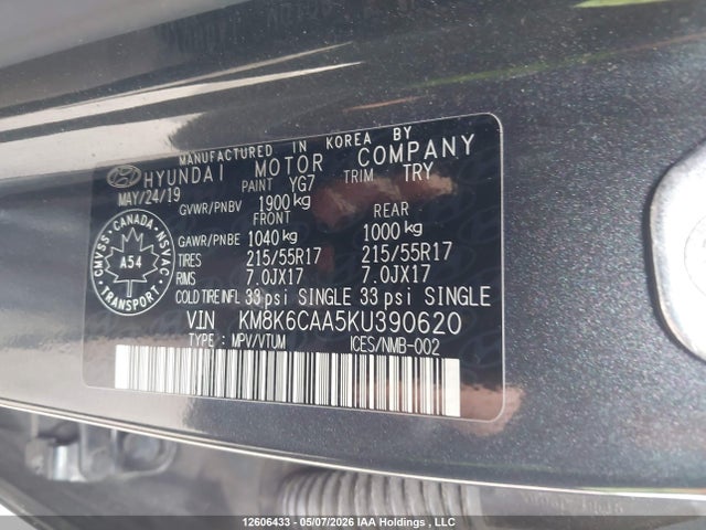 2019 Hyundai Kona 2.0l Luxury მანქანა იყიდება აუქციონზე, vin: KM8K6CAA5KU390620, აუქციონის ნომერი: 12606433