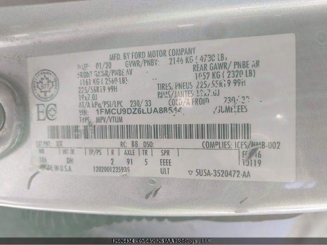 12606434 :رقم المزاد ، 1FMCU9DZ6LUA88544 vin ، 2020 Ford Escape Titanium مزاد بيع