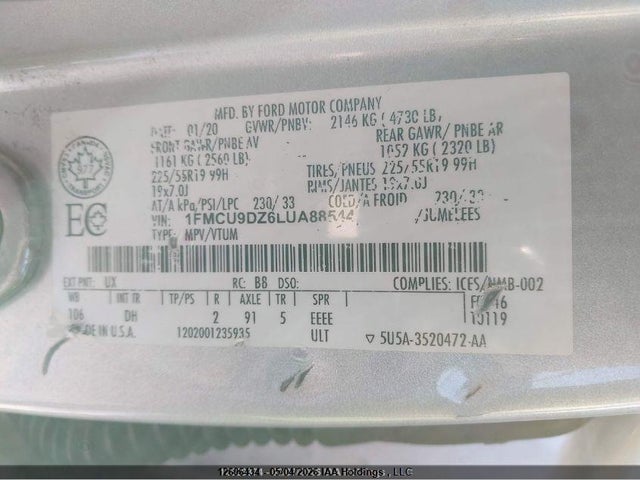 12606434 :رقم المزاد ، 1FMCU9DZ6LUA88544 vin ، 2020 Ford Escape Titanium مزاد بيع