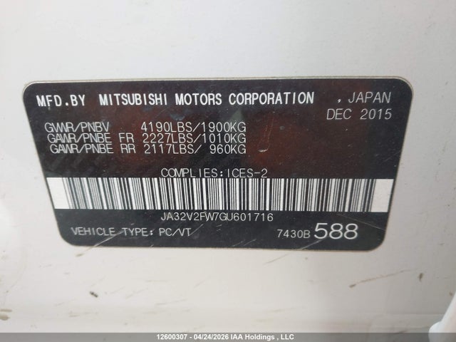 Aukcja sprzedaży 2016 Mitsubishi Lancer Es/gts/se Ltd, vin: JA32V2FW7GU601716, numer aukcji: 12600307