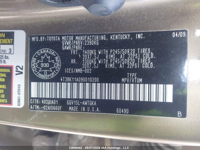 Продажа на аукционе авто 2009 Toyota Venza, vin: 4T3BK11A09U010200, номер лота: 12606442