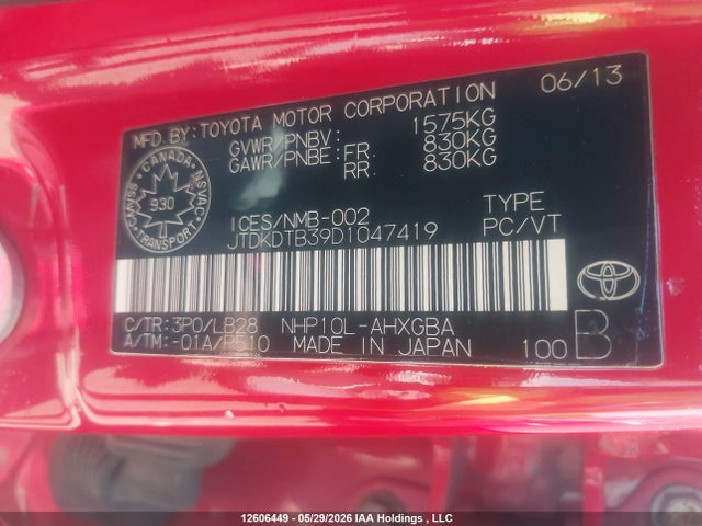 Auction sale of the 2013 Toyota Prius C Technology, vin: JTDKDTB39D1047419, lot number: 12606449