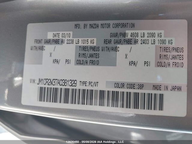 Aukcja sprzedaży 2010 Mazda 5, vin: JM1CR2W37A0381329, numer aukcji: 12606450