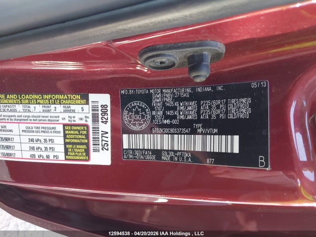 2013 Toyota Sienna V6 7 Passenger მანქანა იყიდება აუქციონზე, vin: 5TDZK3DC9DS373547, აუქციონის ნომერი: 12594538