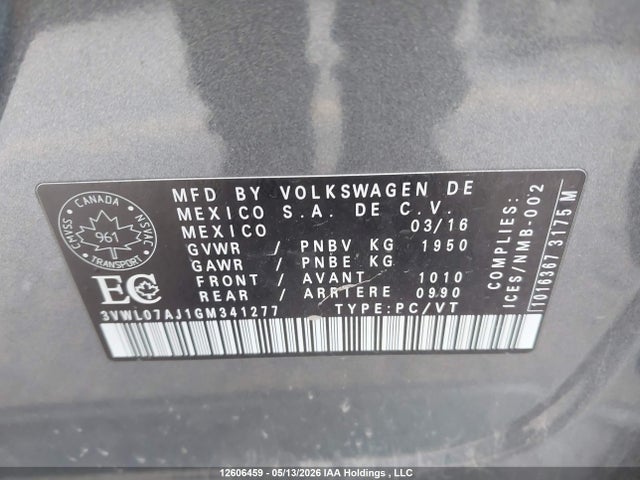 2016 Volkswagen Jetta 1.8 Tsi Comfortline/1.8 Tsi Highline მანქანა იყიდება აუქციონზე, vin: 3VWL07AJ1GM341277, აუქციონის ნომერი: 12606459