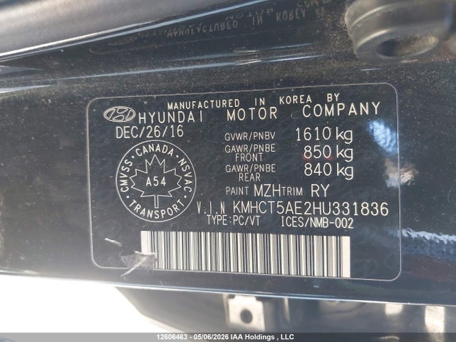 Auction sale of the 2017 Hyundai Accent Se, vin: KMHCT5AE2HU331836, lot number: 12606463