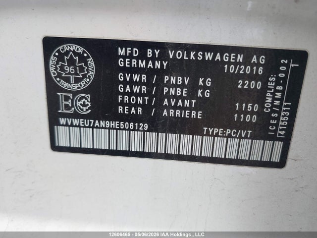 12606465 :رقم المزاد ، WVWEU7AN9HE506129 vin ، 2017 Volkswagen Cc Wolfsburg Edition مزاد بيع