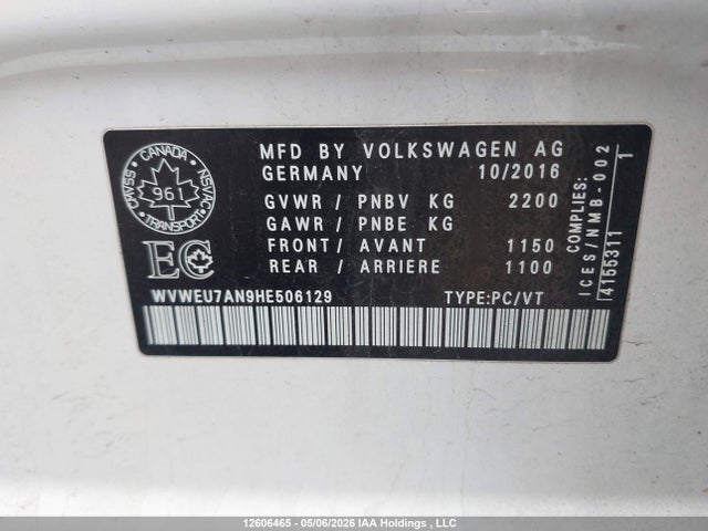 12606465 :رقم المزاد ، WVWEU7AN9HE506129 vin ، 2017 Volkswagen Cc Wolfsburg Edition مزاد بيع