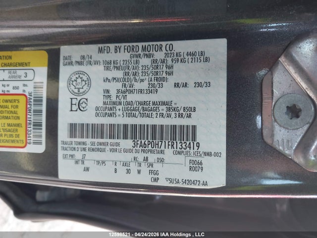 2015 Ford Fusion Se მანქანა იყიდება აუქციონზე, vin: 3FA6P0H71FR133419, აუქციონის ნომერი: 12598521