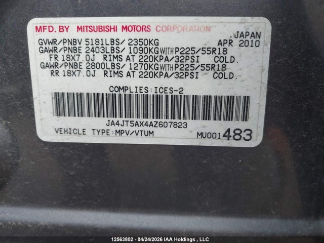 Продажа на аукционе авто 2010 Mitsubishi Outlander Gt, vin: JA4JT5AX4AZ607823, номер лота: 12563802