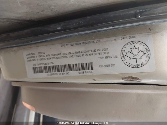 Aukcja sprzedaży 2006 Subaru Outback 2.5 I Limited, vin: 4S4BP62C867311735, numer aukcji: 12590459