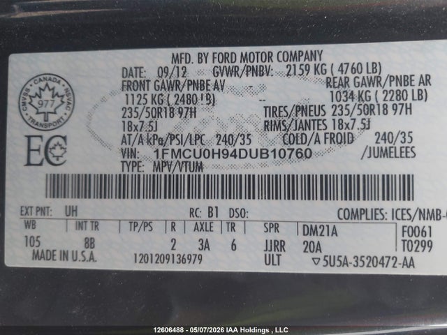 Продажа на аукционе авто 2013 Ford Escape, vin: 1FMCU0H94DUB10760, номер лота: 12606488
