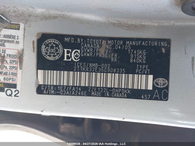 2005 Toyota Matrix Xr მანქანა იყიდება აუქციონზე, vin: 2T1KR32E35C908335, აუქციონის ნომერი: 12599038