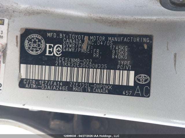 2005 Toyota Matrix Xr მანქანა იყიდება აუქციონზე, vin: 2T1KR32E35C908335, აუქციონის ნომერი: 12599038