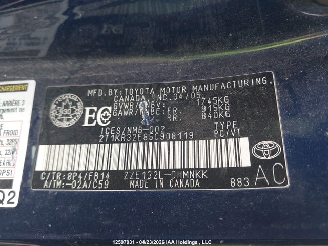 2005 Toyota Matrix Xr მანქანა იყიდება აუქციონზე, vin: 2T1KR32E85C908119, აუქციონის ნომერი: 12597931