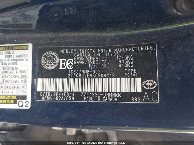 2005 Toyota Matrix Xr მანქანა იყიდება აუქციონზე, vin: 2T1KR32E85C908119, აუქციონის ნომერი: 12597931