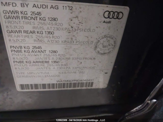 Продаж на аукціоні авто 2013 Audi Q5 3.0t Premium/3.0t Premium Plus, vin: WA1MGCFP8DA042431, номер лоту: 12592389