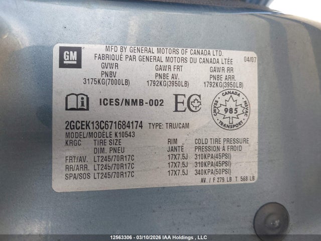 2007 Chevrolet Silverado 1500 Next Generation Lt/wt მანქანა იყიდება აუქციონზე, vin: 2GCEK13C671684174, აუქციონის ნომერი: 12563306