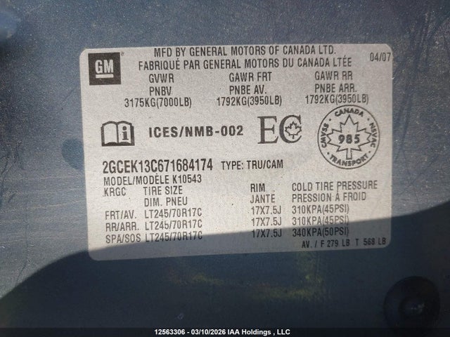 2007 Chevrolet Silverado 1500 Next Generation Lt/wt მანქანა იყიდება აუქციონზე, vin: 2GCEK13C671684174, აუქციონის ნომერი: 12563306
