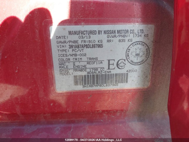 2013 Nissan Sentra 1.8 S/1.8 Sv მანქანა იყიდება აუქციონზე, vin: 3N1AB7AP8DL697965, აუქციონის ნომერი: 12599178