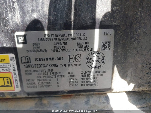 2016 Chevrolet Traverse Ls მანქანა იყიდება აუქციონზე, vin: 1GNKVFED7GJ132385, აუქციონის ნომერი: 12599238