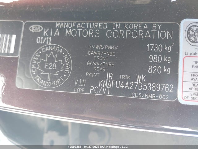 2011 Kia Forte 2.0l Ex მანქანა იყიდება აუქციონზე, vin: KNAFU4A27B5389762, აუქციონის ნომერი: 12599285
