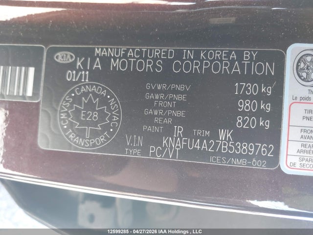 2011 Kia Forte 2.0l Ex მანქანა იყიდება აუქციონზე, vin: KNAFU4A27B5389762, აუქციონის ნომერი: 12599285