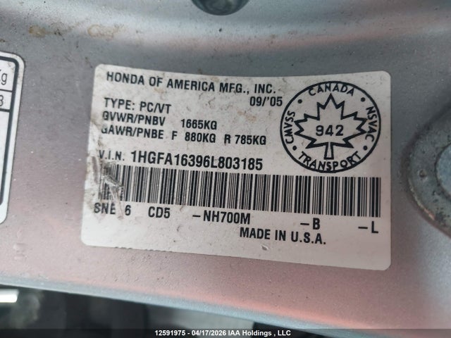 Aukcja sprzedaży 2006 Honda Civic Dx-g, vin: 1HGFA16396L803185, numer aukcji: 12591975