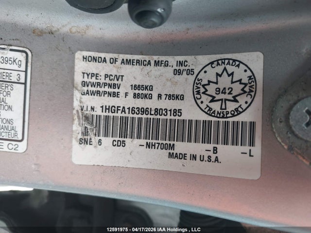 Aukcja sprzedaży 2006 Honda Civic Dx-g, vin: 1HGFA16396L803185, numer aukcji: 12591975